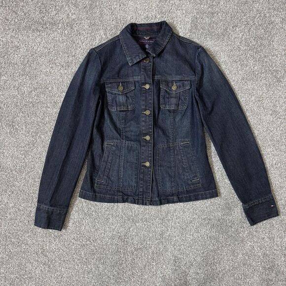 Tommy Hilfiger Jacket Womens Small Blue Denim Button Front Utility Pockets - Picture 1 of 16